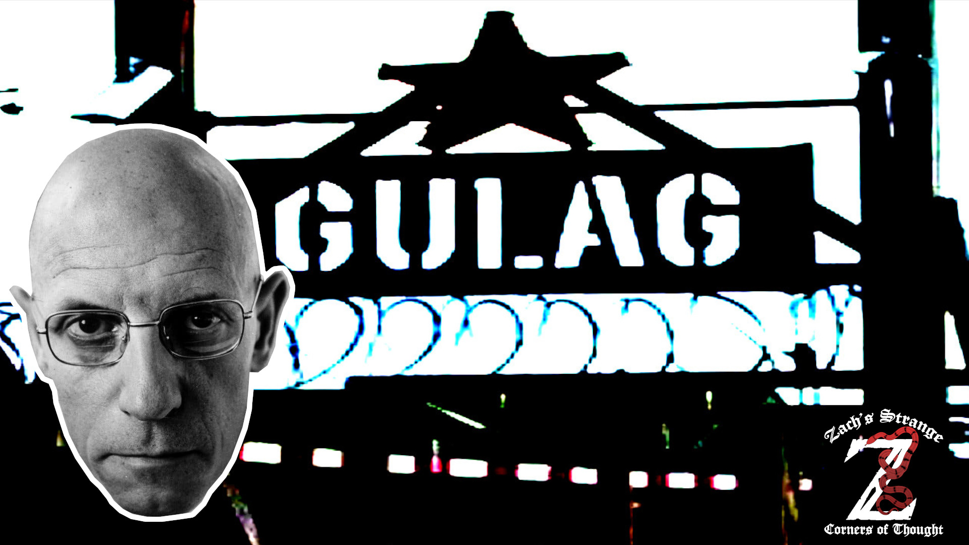 Michel Foucault's Head over a dark picture of a Gulag
