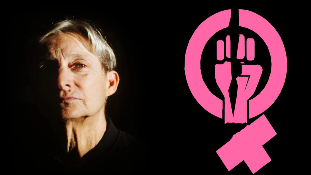Judith Butler next to the broken symbol for women's rights