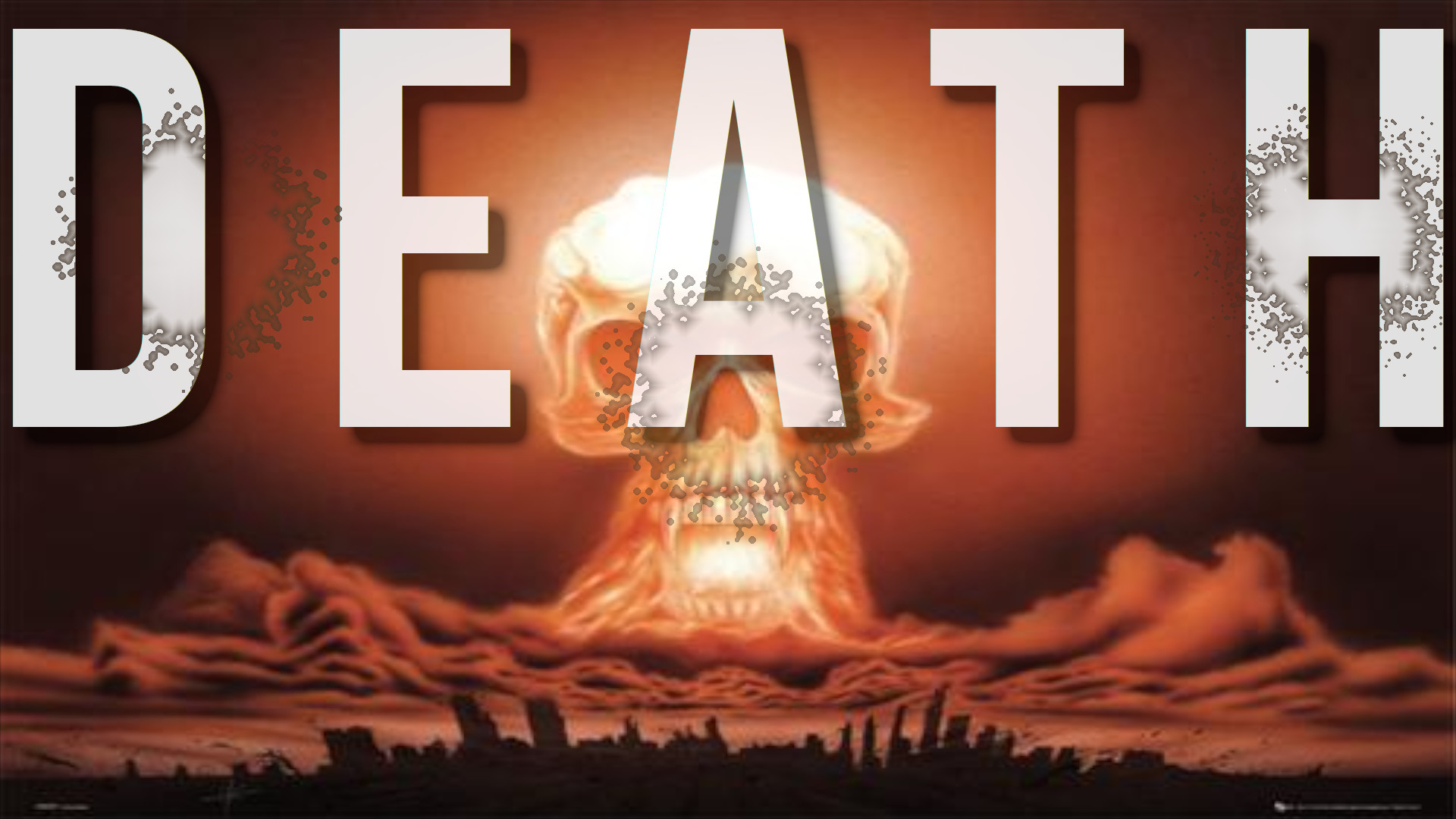 An atomic mushroom cloud in the shape of a skull with the word "Death" over it