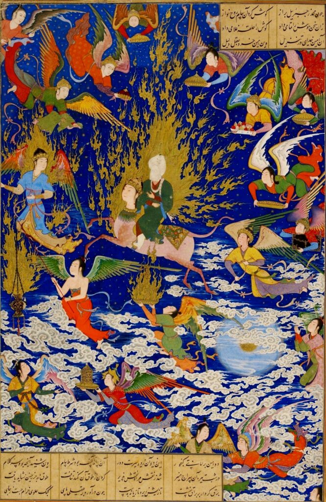 A miraj image, reflecting the new, Safavid convention of depicting Muhammad veiled, dated 1539 - 1543.