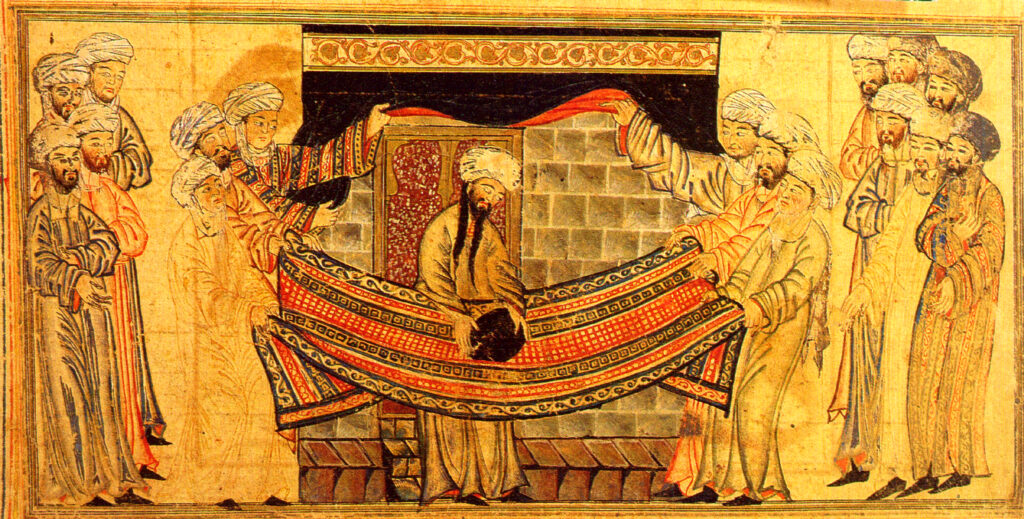 Miniature of Muhammad rededicating the Black Stone at the Kaaba. From Jami Al-Tawarikh, c. 1315