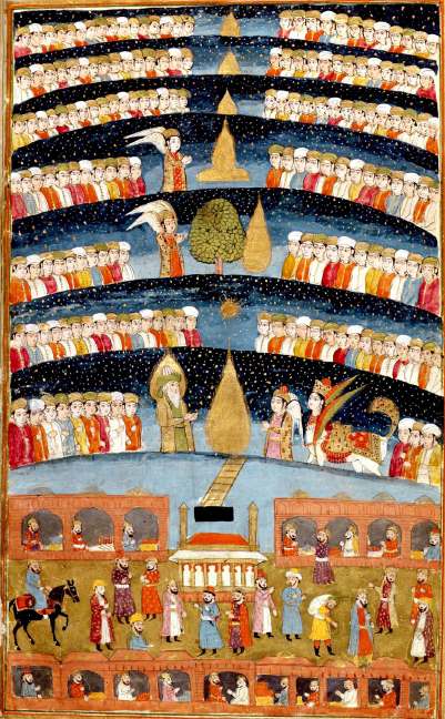 "Mohammed's Paradise", Persian miniature from The History of Mohammed, BnF, Kashmir, 1808.