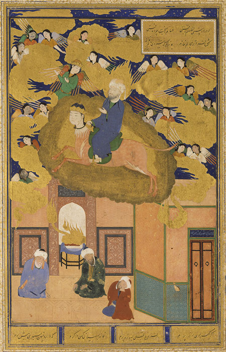 Muhammad's ascent into the Heavens, a journey known as the Mi'raj, as depicted in a copy of the Bostan of Saadi, 1514.