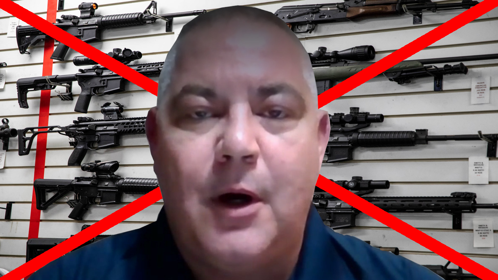 McLean County Sheriff Matt Lane over an image of assault weapons with a red X crossing them out