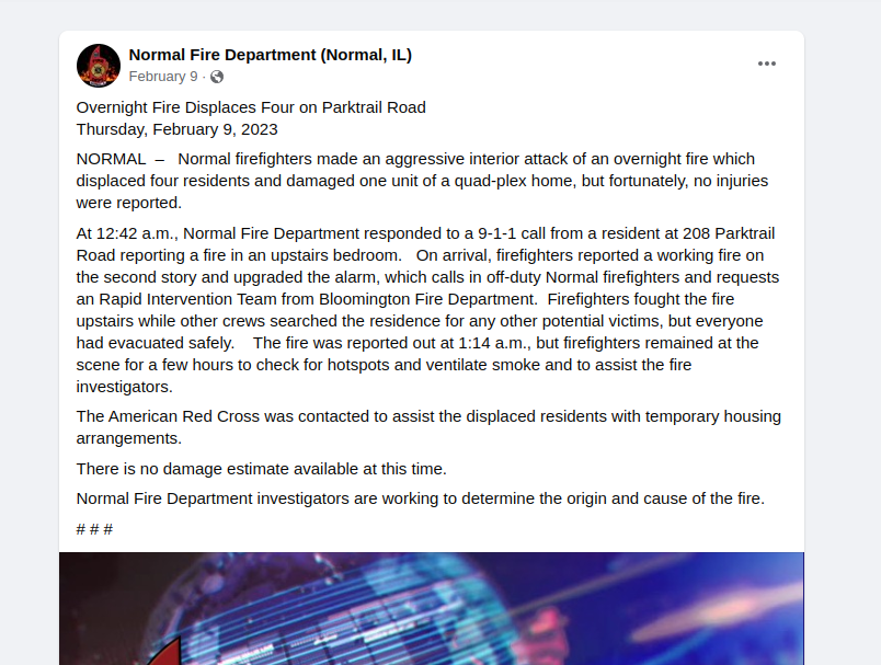 Normal Fire Department Breaking News Announcement on fire at 208 Park Trail Road